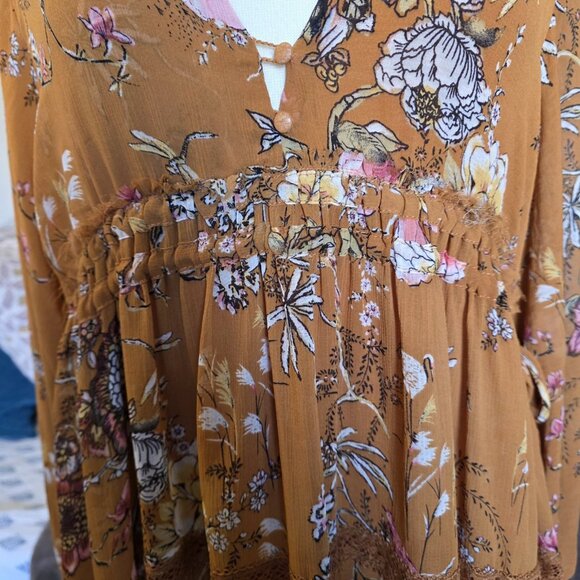 Free People Cherry Blossom Mini Dress Topaz Mustard Floral Oversized Flowy Small - Picture 10 of 16